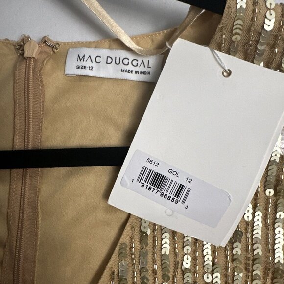 NWT $598 Mac Duggal [ 12 ] Sequined Long Sleeve V Neck Beaded Fringe Gown Gold‎ - Picture 5 of 15